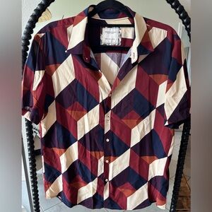 Denim & Flower Men's Geometric Short Sleeve Shirt - Burgundy, Navy & Cream